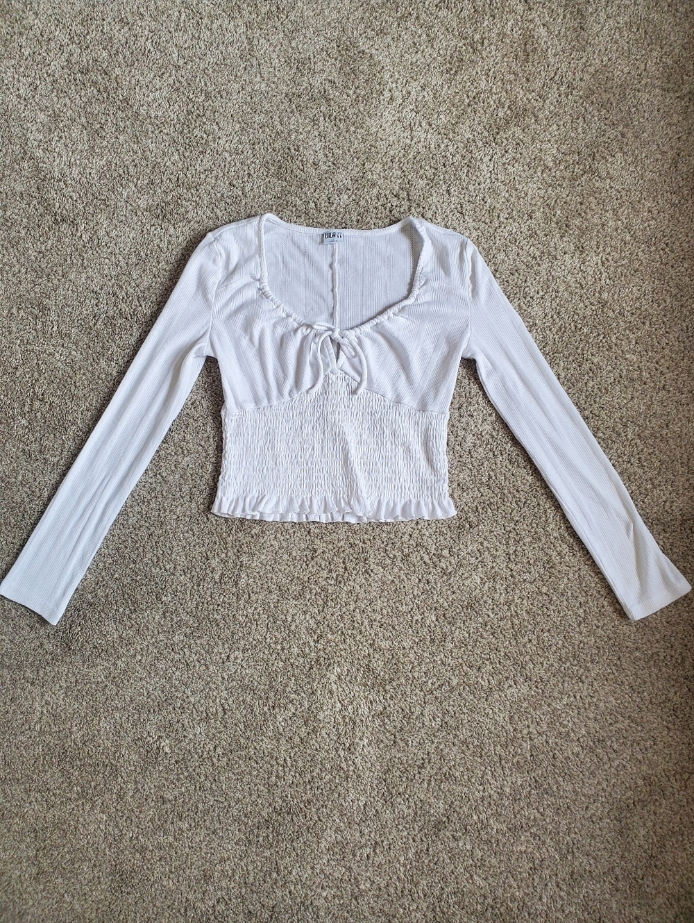 Bila 77 Cotton Blend White Ribbed Long-Sleeve Smocked Crop Top - Made In India